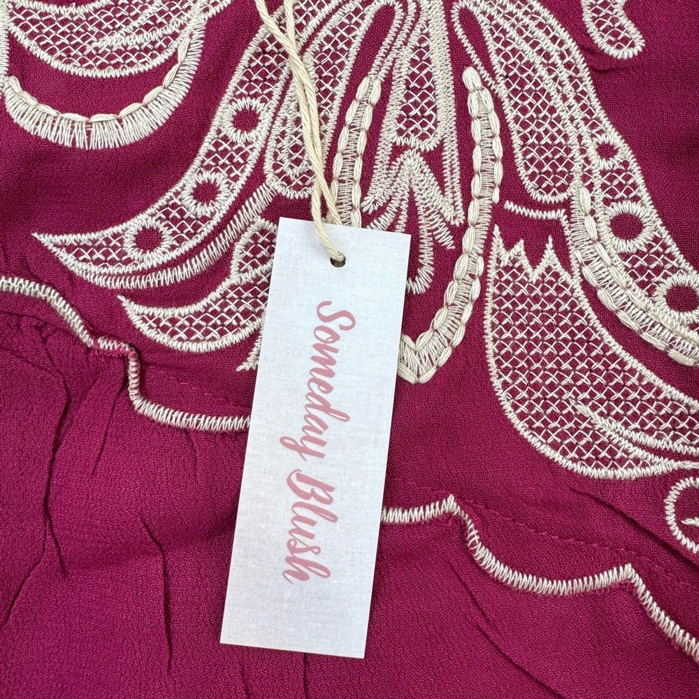 Someday Blush Embroidered Ruffle Hem Long-Sleeve Top - Wine - Picture 3 of 9